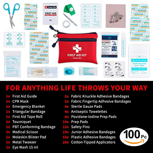 First Aid Kit - 100 Piece - Small First Aid Safety Kits for Camping, Hiking, Backpacking, Travel, Vehicle, Mini 1st Aid kit for Outdoors - Emergency & Medical Supplies