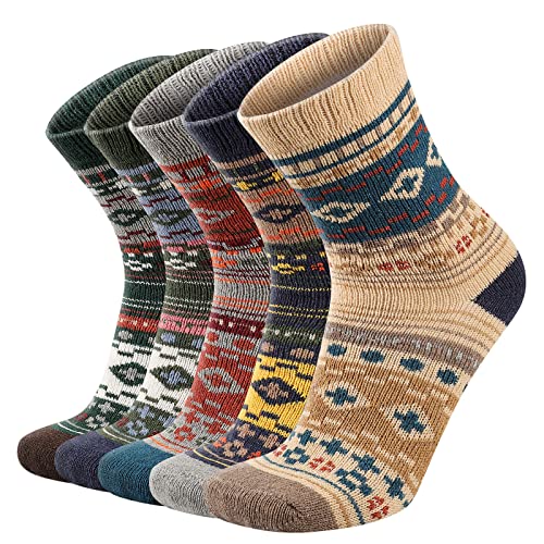 COOVAN Mens Wool Socks 5 Pairs Warm Thick Winter Wool Socks for Men Hiking Cozy Knit Thermal Crew Socks