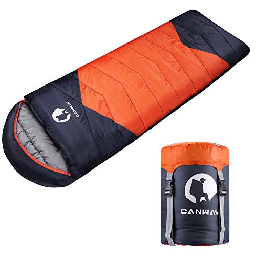 CANWAY Sleeping Bag with Compression Sack, Lightweight and Waterproof for Warm & Cool Weather, Comfort for 3 Seasons Camping/Traveling/Hiking/Backpacking, Adults & Kids, Orange-59°F~ 77°F