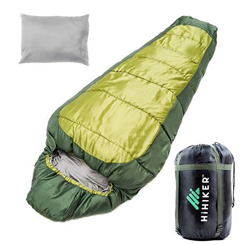 HiHiker Mummy Bag + Travel Pillow w/Compact Compression Sack – 4 Season Sleeping Bag for Adults & Kids – Lightweight Warm and Washable, for Hiking Traveling & Outdoor Activities (Green)