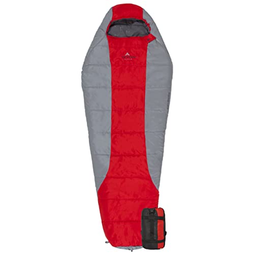 TETON Sports Tracker 5 Lightweight Mummy Sleeping Bag; Great for Hiking, Backpacking and Camping; Free Compression Sack Red/Grey, Adult - 87" x 34" x 22"