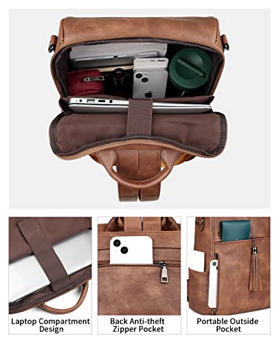 FADEON Laptop Backpack Purse for Women Large Designer PU Leather Laptop Bag, Ladies College Book Bag Shoulder Bags