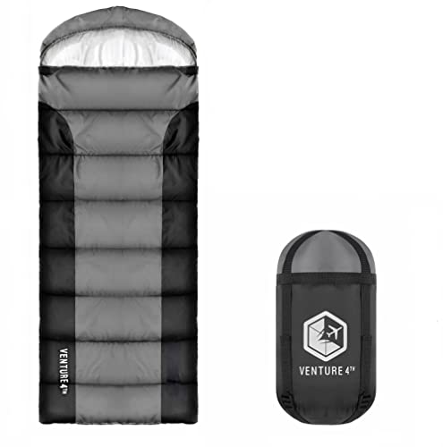 VENTURE 4TH Summer Sleeping Bag, Single, Regular Size - Lightweight, Comfortable, Water Resistant Backpacking Sleeping Bag for Adults & Kids - Ideal for Hiking, Camping & Outdoor - Silver/Black