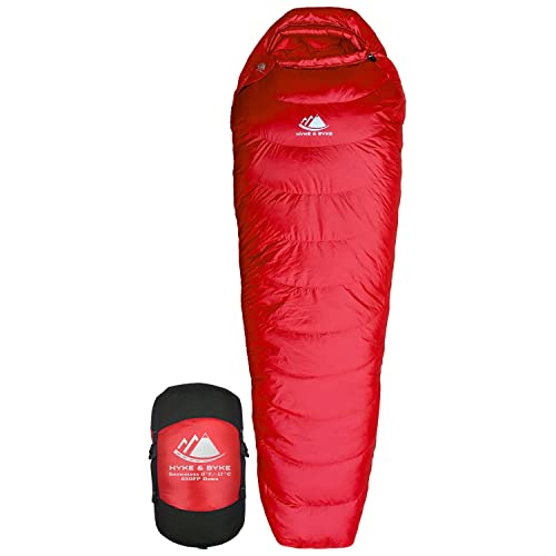 Hyke & Byke Snowmass 0 F Hiking & Backpacking Sleeping Bag - 4 Season, 650FP Duck Down Sleeping Bag - Ultralight - Red - 78in - Regular
