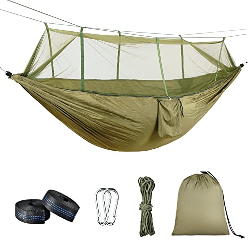 OTraki Camping Hammock with Mosquito Net Heavy Duty Hammock with Tree Straps Larger Space Portable Parachute Hammock for Backpacking Hiking Travel Beach Yard Outdoor Activities Army Green
