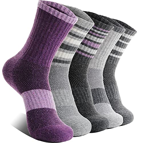 EBMORE Womens Merino Wool Hiking Socks Thermal Warm Winter Boot Crew Cushion Work Gift Socks 5 Pairs(Striped-A)
