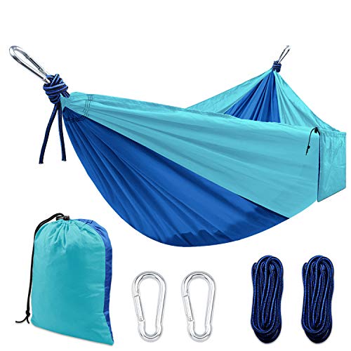 Camping Hammock, Double & Single Portable Hammocks with 2 Tree Straps and Carabiners | Easy Assembly | Lightweight Parachute Nylon Hammocks for Backpacking, Travel, Beach, Hiking (Blue/Sky Blue)