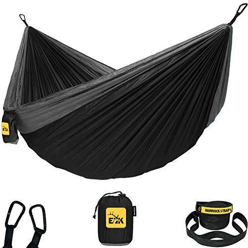 ELK Single Hammock with Tree Straps for Outdoor Camping, Hiking, Backpacking and Travel - Compact, Portable and Lightweight Parachute Nylon (Black and Gray, Single)