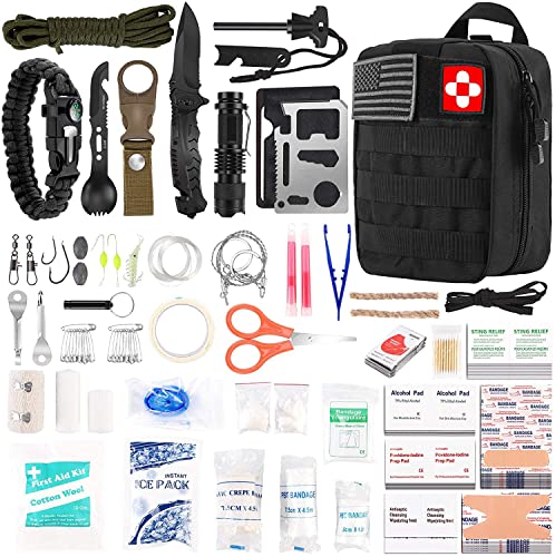 216 Pcs Survival First Aid kit, Professional Survival Gear Equipment Tools First Aid Supplies for SOS Emergency Hiking Hunting Disaster Camping Adventures (Black)