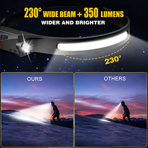Headlamp Rechargeable 2PCS, 230° Wide Beam Head Lamp LED with Motion Sensor for Adults - Camping Accessories Gear, Waterproof Head Light Flashlight for Hiking, Running, Repairing, Fishing, Cycling