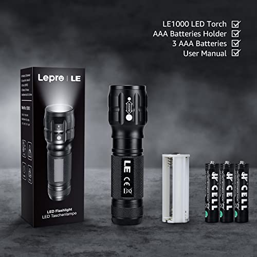 LE LED Flashlights LE1000 High Lumens, Bright Small Flashlight, Zoomable, Waterproof, Adjustable Brightness Flash Light for Outdoor, Emergency, AAA Batteries Included, Tactical & Camping Accessories