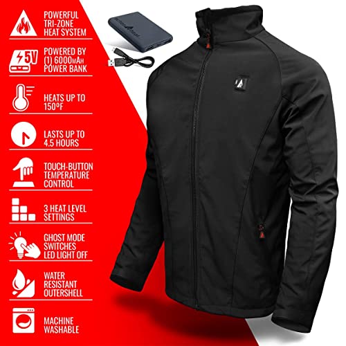 ActionHeat 5V Men's Battery Heated Jacket with Tri-Zone Heating, Touch Control for Skiing, Camping, Motorcycling, Hiking