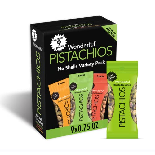 Wonderful Pistachios , No Shell Nuts, Variety Pack (4 bags of Roasted & Salted, 3 bags of Chili Roasted, and 2 bags of Honey Roasted), 9 Count