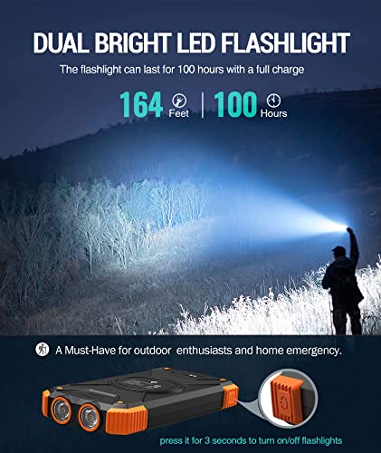 BLAVOR Solar Power Bank, Qi Portable Charger 10,000mAh External Battery Pack Type C Input Output Dual Super Bright Flashlight, Compass Carabiner, Solar Panel Charging (Orange)