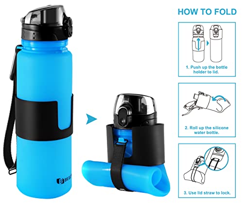 BULUNOW Collapsible Water Bottle for Sports Travel, BPA Free Silicone Folding Water Bottle 22 Oz - Leak Proof Twist Cap, With Carry Bag
