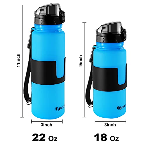 BULUNOW Collapsible Water Bottle for Sports Travel, BPA Free Silicone Folding Water Bottle 22 Oz - Leak Proof Twist Cap, With Carry Bag