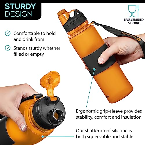 Nomader BPA Free Collapsible Sports Water Bottle - Foldable with Reusable Leak Proof Twist Cap for Travel Hiking Camping Outdoor and Gym - 22 oz (Orange)