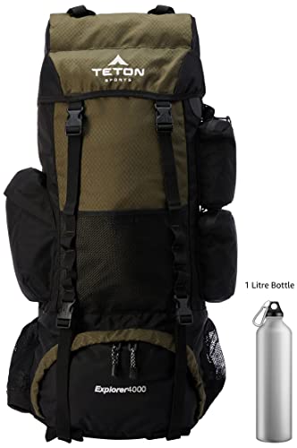 TETON Sports Explorer Backpack Full Internal Frame - Adjustable backpacking Travel Gear - Water-Repellant Rainfly Cover, Sleeping Bag & 3-Liter Hydration Bladder Pack Storage - Green, 65L