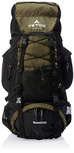 TETON Sports Scout Internal Frame Backpack - High-Performance Hiking, Camping & Travel - Water Bladder Storage & Rain Cover Repellant - Adjustable Gear for Sleeping Bag Backpacking - Hunter Green, 55L