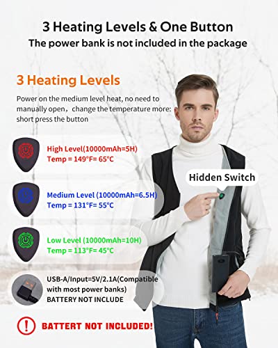 MSDUNOVR Heated Vest for Men Women, Unisex Heated Vest, 3 Temperature Levels Electric Heating Jacket, USB Heating Vest for Outdoor Activities, Skiing, Camping, Hiking (Battery Not Included) S