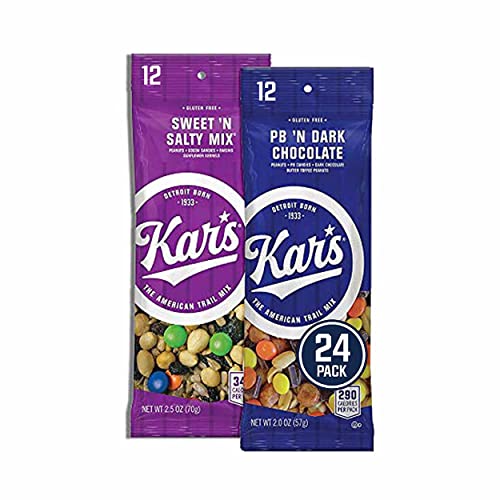 Kar's Nuts Trail Mix Variety Pack, Sweet ‘N Salty and Peanut Butter ‘N Dark Chocolate, Individually Wrapped, Gluten-Free Snack Mix, 24 Count