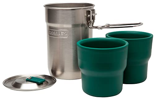 Stanley Adventure Camp Cook Set - 24oz Kettle with 2 Ceramic Cups - Stainless Steel Camping Cookware with Vented Lids & Foldable + Locking Handle - Lightweight Cook Pot for Backpacking/Hiking/Camping