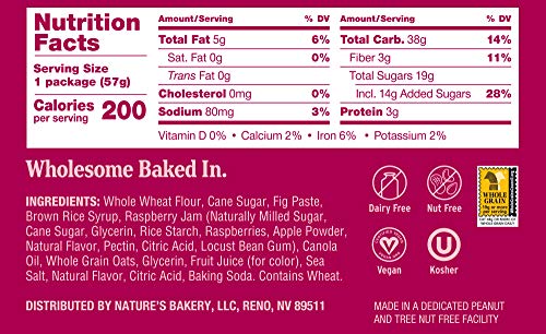 Nature’s Bakery Whole Wheat Fig Bars, Raspberry, Real Fruit, Vegan, Non-GMO, Snack bar, 1 box with 12 twin packs (12 twin packs)