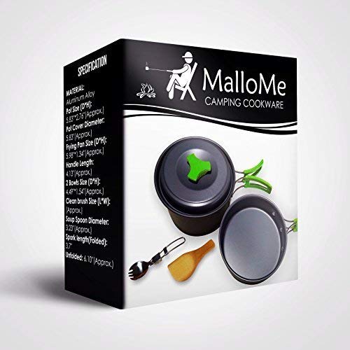 MalloMe Camping Cookware Mess Kit for Backpacking Gear – Camping Cooking Set - Backpack Camping Pot and Pans Set - Portable Camping Stove and Backpacking Stove Compatible - Camp Accessories Equipment