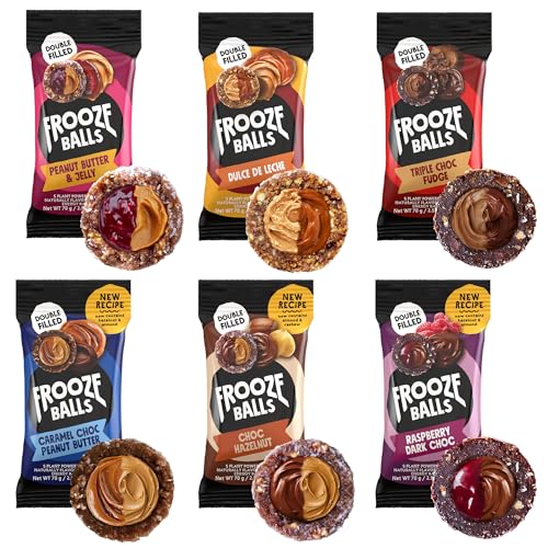 Frooze Balls Double-Filled Variety Pack. Plant-Powered, Energy Balls. Healthy Vegan Snacks, Gluten-Free, non-GMO (6 count, each with 5 balls). Great for lunch boxes, hiking, workout + travel