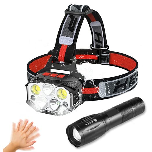 LED Headlamp Flashlight Rechargeable,12Modes Motion Sensor Waterproof Headlight with Red Warning Light,1100Lumen Super Bright 2 PCS Emergency Light Set for Running Hiking(Flashlight Without Battery)