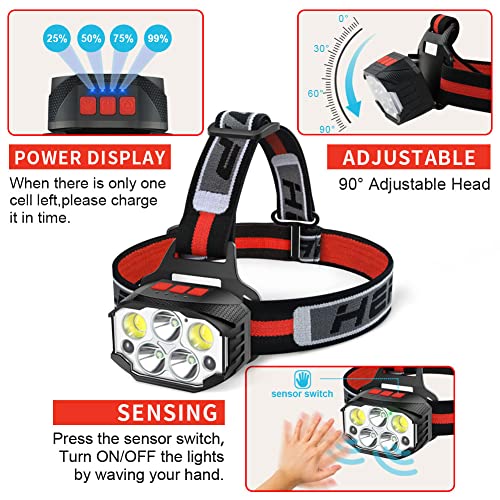 LED Headlamp Flashlight Rechargeable,12Modes Motion Sensor Waterproof Headlight with Red Warning Light,1100Lumen Super Bright 2 PCS Emergency Light Set for Running Hiking(Flashlight Without Battery)