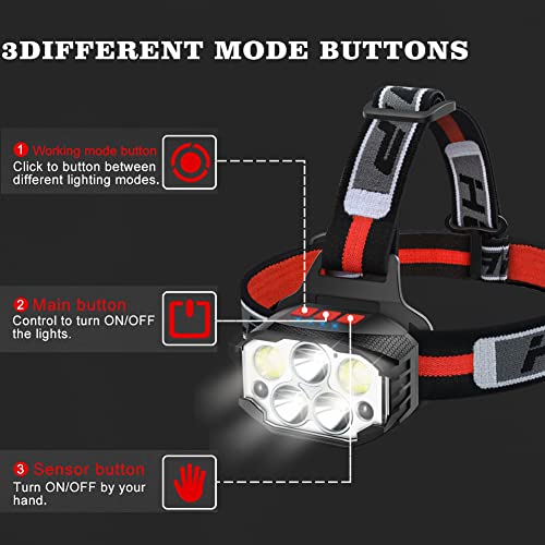 LED Headlamp Flashlight Rechargeable,12Modes Motion Sensor Waterproof Headlight with Red Warning Light,1100Lumen Super Bright 2 PCS Emergency Light Set for Running Hiking(Flashlight Without Battery)
