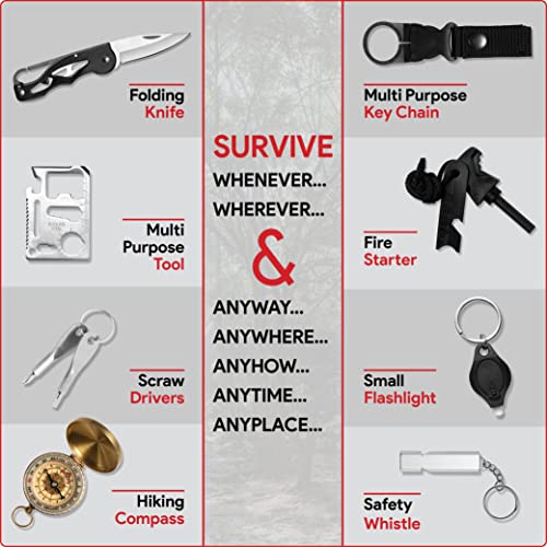 Emergency Survival Kit - 20 in 1, Professional Gear For Outdoor Camping, Equipment & First Aid accessories, Gift Idea Dad, Husband, Boyfriend, Great Hiking, Hunting, black