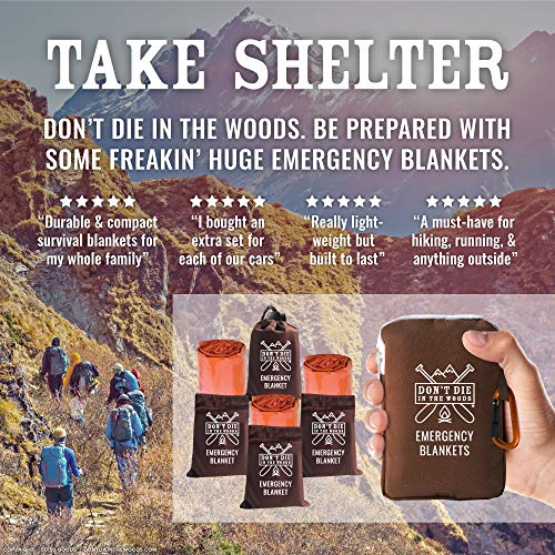 Don't Die In The Woods - Freakin’ Huge Emergency Blankets [4-Pack] Extra-Large Thermal Mylar Space Blankets with Ripstop Nylon Stuff Sacks + Carabiner Zipper Pack [Survival Orange]