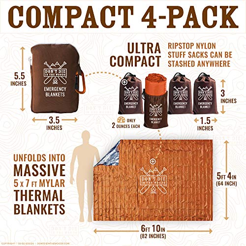 Don't Die In The Woods - Freakin’ Huge Emergency Blankets [4-Pack] Extra-Large Thermal Mylar Space Blankets with Ripstop Nylon Stuff Sacks + Carabiner Zipper Pack [Survival Orange]