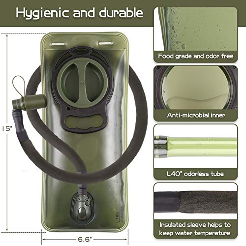 Hydration Bladder 2L Leakproof 2 Liter Water Bladder, BPA Free Military Green Water Reservoir Storage Bag with Insulated Tube, Hydration Backpack Replacement for Outdoor Hiking Camping Running Cycling