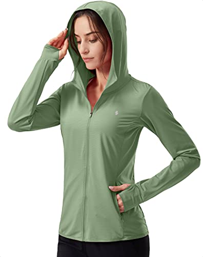 Soothfeel Women's UPF 50+ Sun Protection Hoodie Jacket Lightweight Long Sleeve Sun Shirt for Women with Pocket Hiking Outdoor Green M