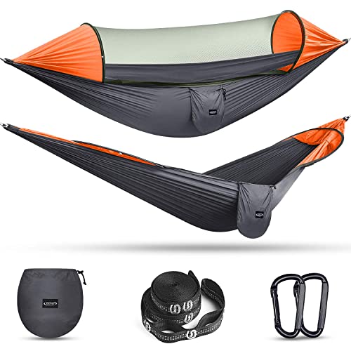 G4Free Large Camping Hammock with Mosquito Net 2 Person Pop-up Parachute Lightweight Hanging Hammocks Tree Straps Swing Hammock Bed for Outdoor Backpacking Backyard Hiking
