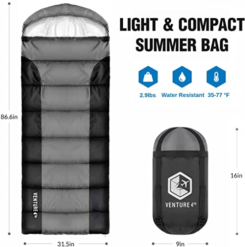 VENTURE 4TH Summer Sleeping Bag, Single, Regular Size - Lightweight, Comfortable, Water Resistant Backpacking Sleeping Bag for Adults & Kids - Ideal for Hiking, Camping & Outdoor - Silver/Black