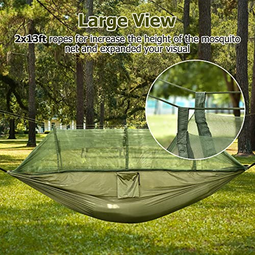 OTraki Camping Hammock with Mosquito Net Heavy Duty Hammock with Tree Straps Larger Space Portable Parachute Hammock for Backpacking Hiking Travel Beach Yard Outdoor Activities Army Green