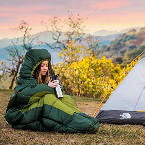HiHiker Mummy Bag + Travel Pillow w/Compact Compression Sack – 4 Season Sleeping Bag for Adults & Kids – Lightweight Warm and Washable, for Hiking Traveling & Outdoor Activities (Green)