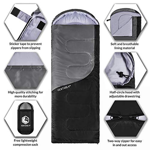 VENTURE 4TH Summer Sleeping Bag, Single, Regular Size - Lightweight, Comfortable, Water Resistant Backpacking Sleeping Bag for Adults & Kids - Ideal for Hiking, Camping & Outdoor - Silver/Black