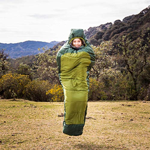 HiHiker Mummy Bag + Travel Pillow w/Compact Compression Sack – 4 Season Sleeping Bag for Adults & Kids – Lightweight Warm and Washable, for Hiking Traveling & Outdoor Activities (Green)