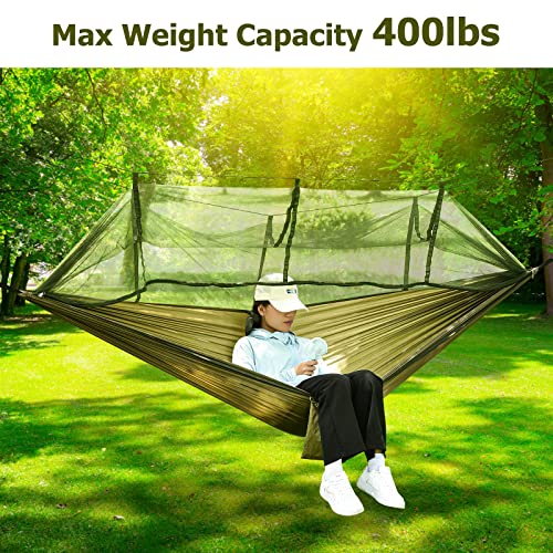 OTraki Camping Hammock with Mosquito Net Heavy Duty Hammock with Tree Straps Larger Space Portable Parachute Hammock for Backpacking Hiking Travel Beach Yard Outdoor Activities Army Green