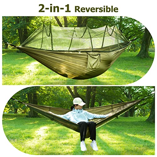OTraki Camping Hammock with Mosquito Net Heavy Duty Hammock with Tree Straps Larger Space Portable Parachute Hammock for Backpacking Hiking Travel Beach Yard Outdoor Activities Army Green