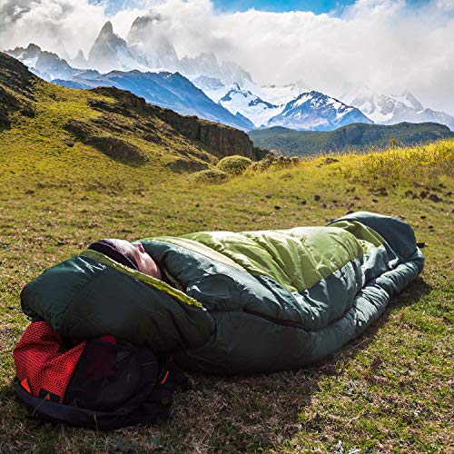 HiHiker Mummy Bag + Travel Pillow w/Compact Compression Sack – 4 Season Sleeping Bag for Adults & Kids – Lightweight Warm and Washable, for Hiking Traveling & Outdoor Activities (Green)