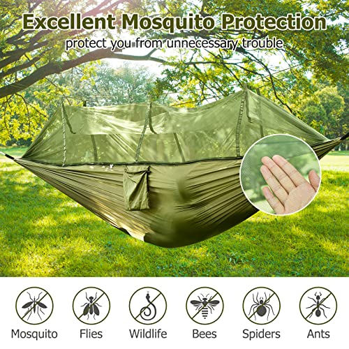 OTraki Camping Hammock with Mosquito Net Heavy Duty Hammock with Tree Straps Larger Space Portable Parachute Hammock for Backpacking Hiking Travel Beach Yard Outdoor Activities Army Green