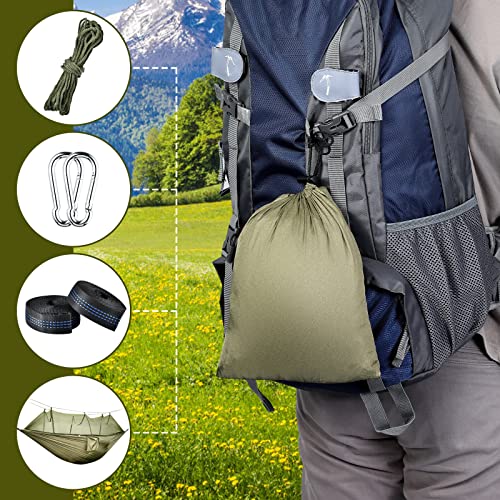 OTraki Camping Hammock with Mosquito Net Heavy Duty Hammock with Tree Straps Larger Space Portable Parachute Hammock for Backpacking Hiking Travel Beach Yard Outdoor Activities Army Green