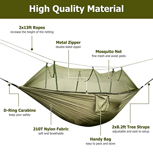 OTraki Camping Hammock with Mosquito Net Heavy Duty Hammock with Tree Straps Larger Space Portable Parachute Hammock for Backpacking Hiking Travel Beach Yard Outdoor Activities Army Green