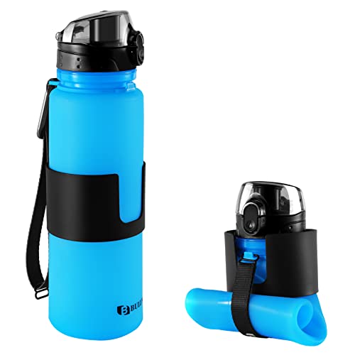 BULUNOW Collapsible Water Bottle for Sports Travel, BPA Free Silicone Folding Water Bottle 22 Oz - Leak Proof Twist Cap, With Carry Bag